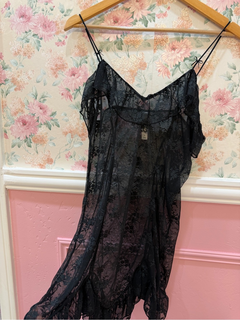 Sheer Black Lace Chemise with Ruffle Hem